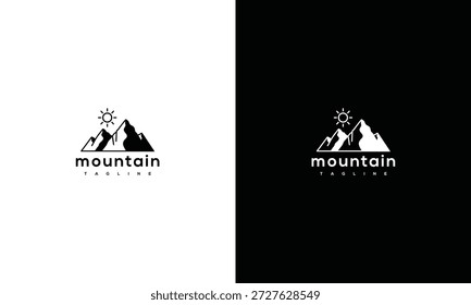 Conceito de design de logotipo de montanha com picos estilizados e símbolo de sol em fundos contrastantes
