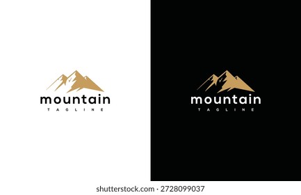 Mountain-Logo-Design-Konzept mit goldenen Spitzen auf kontrastierenden weißen und schwarzen Hintergründen aus einer geraden Frontansicht
