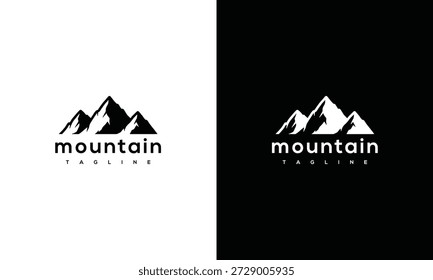 Concepto de diseño de logotipo de montaña con estilo minimalista sobre fondos blancos y negros, mostrando simplicidad y versatilidad