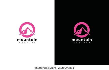 Conceito de design de logotipo de montanha com silhueta rosa em fundos brancos e pretos de diferentes pontos de vista
