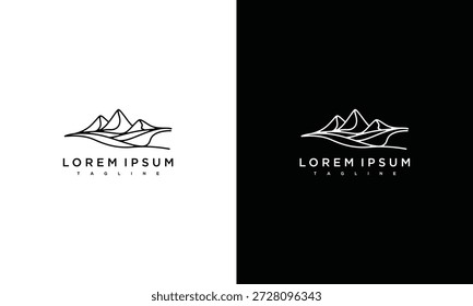 Concepto de diseño de logotipo de montaña presentado sobre fondos blancos y negros contrastantes desde una vista frontal directa