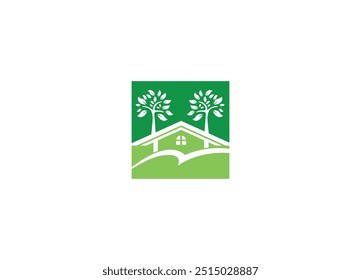 mountain logo design with home tree vector icon template with white background