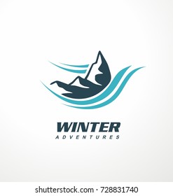 Mountain Logo Design Idea. Creative Symbol For Winter Adventures With Shape Of Mountains And Fresh Air Breeze Drawing.