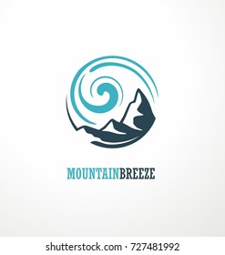 Mountain Logo Design Idea With Mountain Shape And Wind Breeze Drawing. Winter Outdoor Travel Vacation Concept. Vector Fresh Air Illustration.