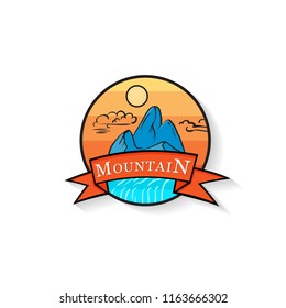 mountain logo design, illustration design wild adventure in the mountains and waterfalls