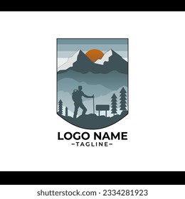ILUSTRACIÓN DE DISEÑO DE LOGOTIPO DE MONTAÑA CON LUNA NARANJA