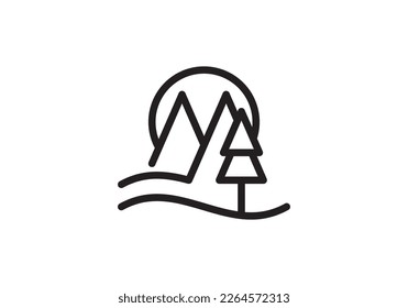 mountain logo design. pine tree wave and sun symbol vector illustration.
