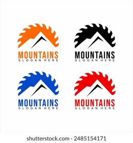 Mountain logo design with saw blade elements with sunrise concept.