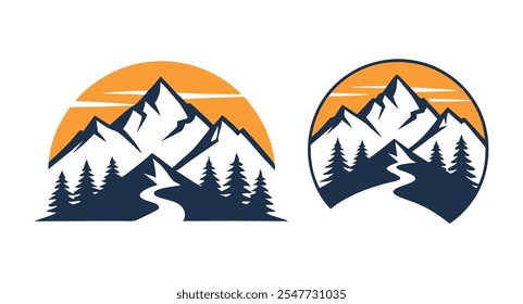 Mountain Logo Design Set with Sunset and Pine Trees