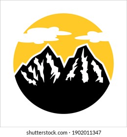 mountain logo design, simple vector illustration, with sun background in beautiful clouds