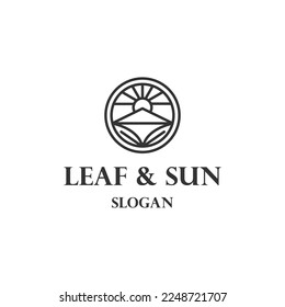 mountain logo design with sun, leaf .