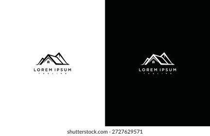 Mountain logo design template displayed on contrasting white and black backgrounds with placeholder text