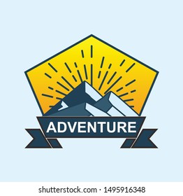 Mountain Logo Design template, with line art style and yellow sun background