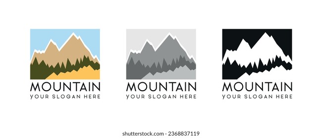 Mountain logo design template. Mountains illustration. Mountain expedition and rock climbing vector logo. Snowy peaks silhouettes. Nature landscape