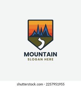 Mountain logo design template with sun, simple flat design mountain logo