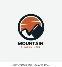 Mountain logo design template with sun, simple flat design mountain logo