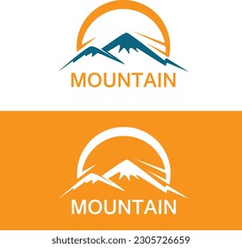 Mountain logo design with vector file. Mountain icon design. Mountain initial alphabet logo design. Mountain blue and orange logo design. M in vector file.