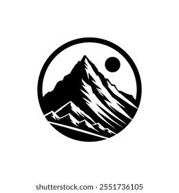 Mountain logo design vector illustration template black and white hand draw in circle