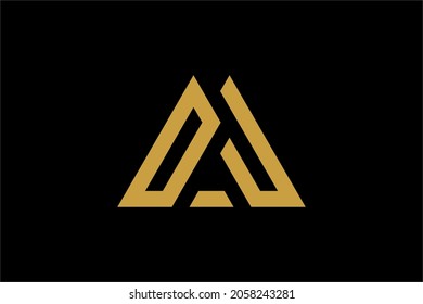 Mountain logo design vector. Triangle abstract illustration symbol. Letter AM outline sign. Gold adventure vector icon.