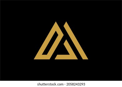 Mountain logo design vector. Triangle abstract illustration symbol. Letter AM outline sign. Gold adventure vector icon.