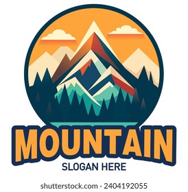 Mountain logo design vintage style. Mountain peak summit logo. Emblem rounded circle shape camp outdoor adventure. Modern travel icons or symbols in trendy style. Branding design templates. Vector