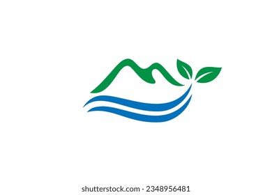 Mountain logo design with water and leaf elements