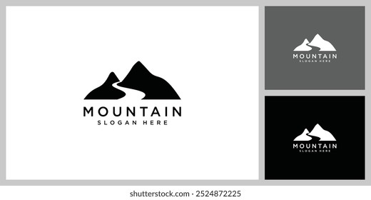 Projeto do logotipo da montanha com um caminho sinuoso através das montanhas, isolado no fundo branco.