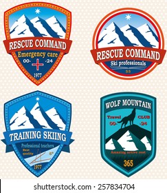 mountain logo emblem set of vector illustrations on shields