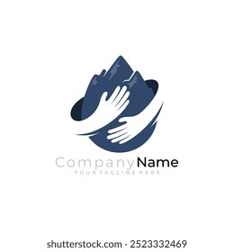 Logotipo de montanha e combinação de design de cuidados com as mãos, logotipos da natureza