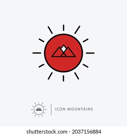 Logo de la montaña o icono en emblema circular. Ilustración de material vectorial aislada en un fondo blanco.