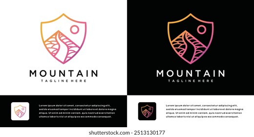 Mountain logo icon design illustration with shield. Abstract outdoor mountain logo symbol.	