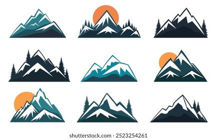 Mountain logo icons set. Rocky mountain silhouettes. Vector illustration.