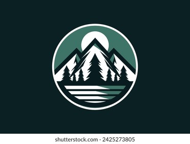 Mountain logo illustration with sunset and hills