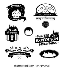 Mountain logo and label set, typography design, retro vector illustration