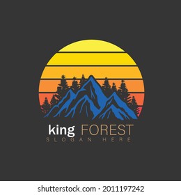 Mountain logo landscape forest vector sunset design illustration. Vector illustration of beautiful dark blue mountain landscape with fog and forest. sunrise and sunset in mountains. Hand drawn logo