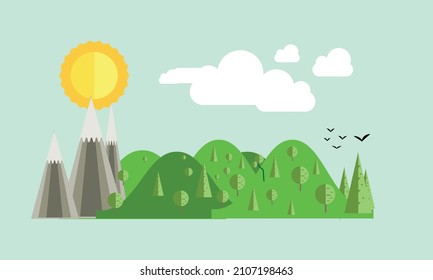 mountain logo or landscape logo with sun amd birds abstract monogram vector logo template