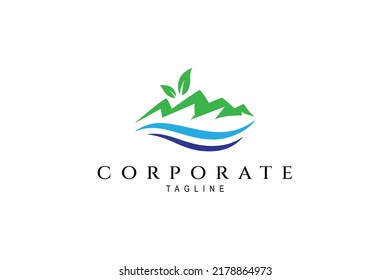 mountain logo with leaf and wave or lake