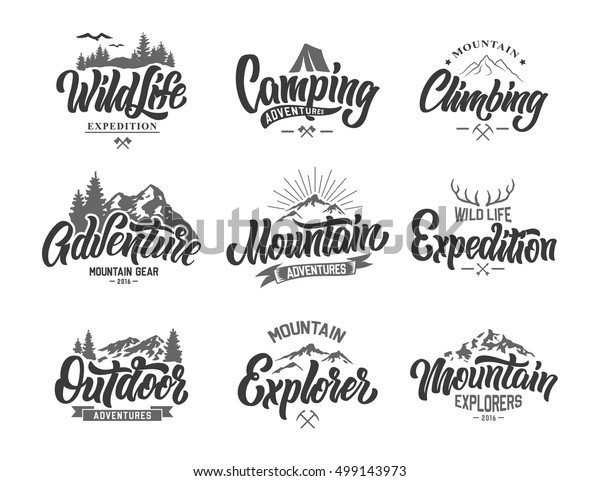 Immagine Vettoriale Stock 499143973 A Tema Montagna Logo Lettering Set Vettoriale Royalty Free