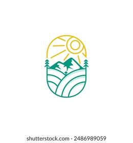 Mountain logo with line style design, rural icon, rice fields and mountains