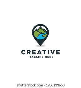 Mountain logo location with modern conctep and business card design template, mountain, location, pin, map, Premium Vector
