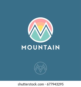 Mountain logo. M monogram. M letter icon. Letter M in the circle as a mountain. Clothing store, equipment for mountaineering. Trekking and climbing goods