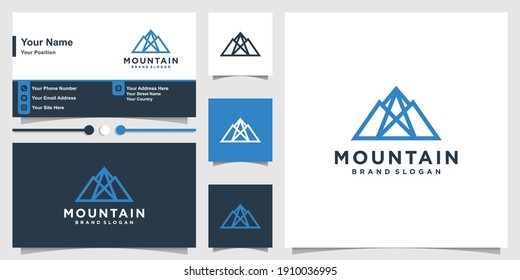 Mountain logo with modern line art style and business card design template Premium Vector