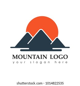 Mountain logo. Mountains silhouette on sunset. Template design for travel concept or business idea. Vector illustration