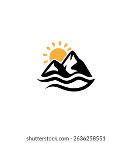 mountain logo with natural elements sun and water in flat design style