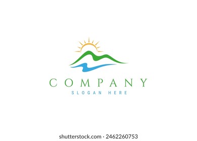 mountain logo with natural sun and water elements in flat template vector design
