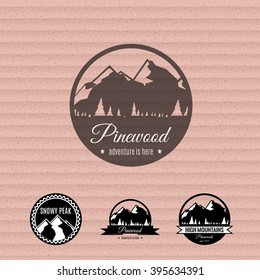 Mountain logo on the cardboard texture. Stock vector.