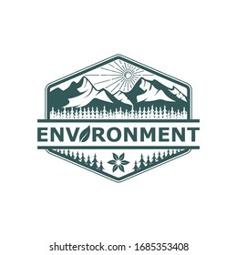 Mountain logo outdoor adventure with tent camp.