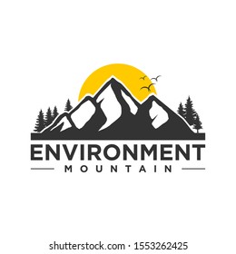 Mountain logo outdoor emblem - adventure wildlife pine tree forest design, hiking exploration nature, camping basecamp campfire alpine himalaya.
