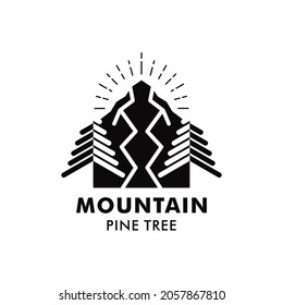 Mountain logo outdoor emblem  - adventure wildlife pine tree forest design, hiking exploration nature, camping basecamp campfire on a white background.