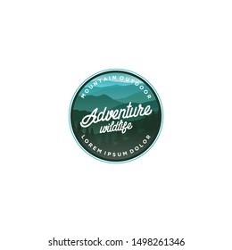 Mountain logo outdoor emblem circle - adventure wildlife pine tree forest design, hiking exploration nature, camping basecamp campfire alpine himalaya.